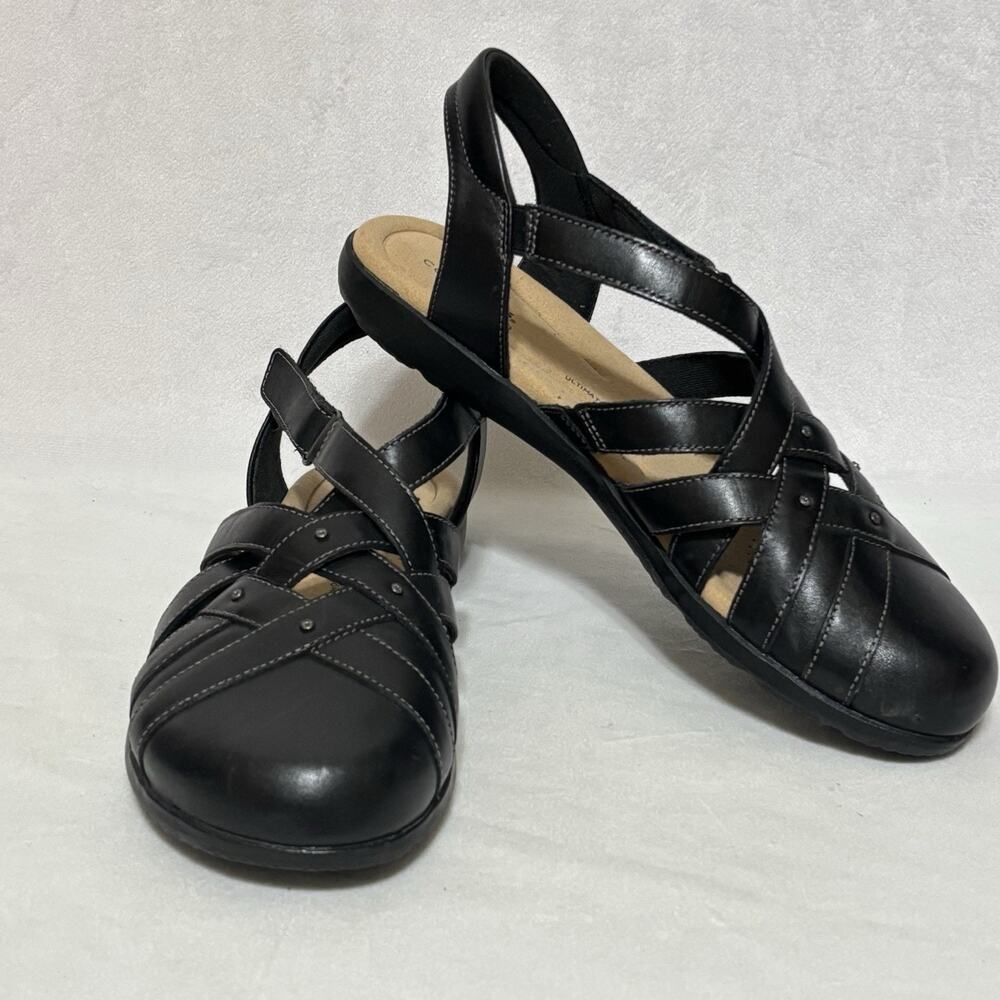 Clarks Elizabelle Sea Black Leather Fisherman Sandals Women's Size 10 M